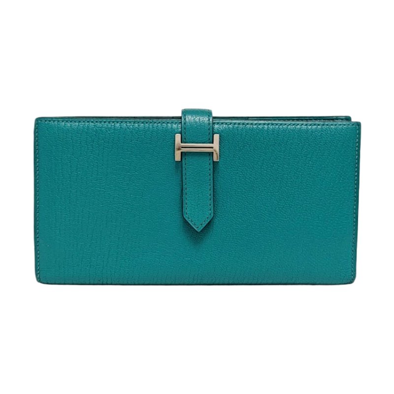 HERMES Bearn孔雀藍Chevre Mysore山羊皮錢包銀色五金X刻-0