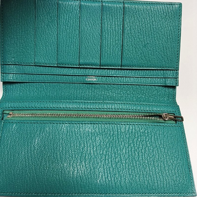 HERMES Bearn孔雀藍Chevre Mysore山羊皮錢包銀色五金X刻-6