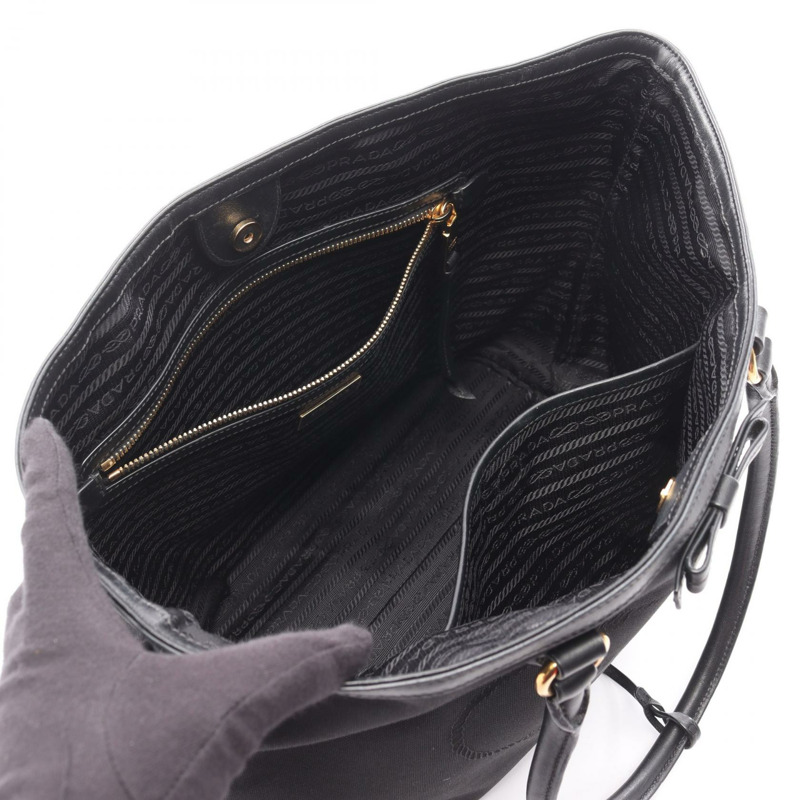 PRADA LOGO JACQUARD 單肩手提包 1BG158 帆布皮革黑色二手女款-2