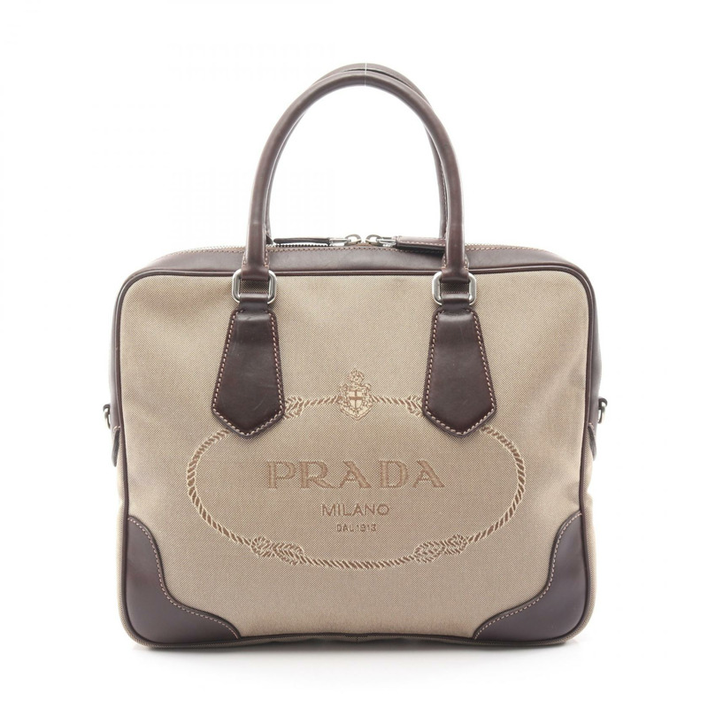 PRADA商務手提包，帆布皮革，米色棕色，logo，二手女款-0