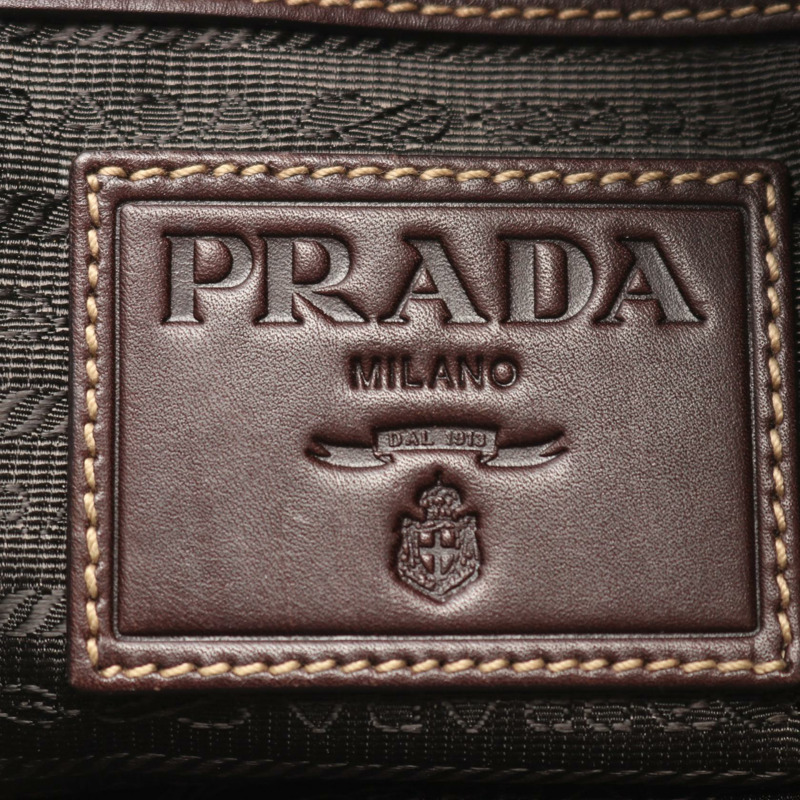 PRADA商務手提包，帆布皮革，米色棕色，logo，二手女款-3