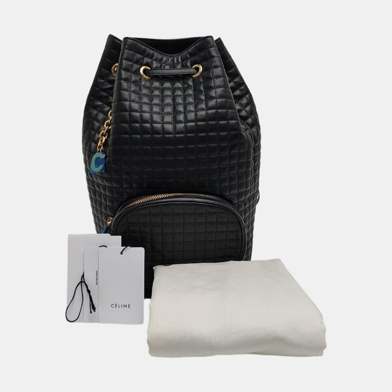 CELINE C CHARM黑色牛皮絎縫雙肩包金色五金-7