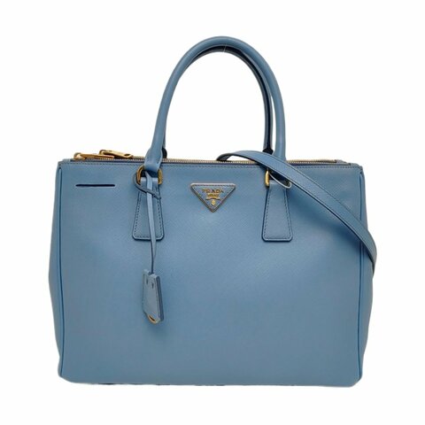 PRADA Galleria天藍色牛皮徽標十字紋斜挎包手提包單肩包金色五金可拆卸肩帶