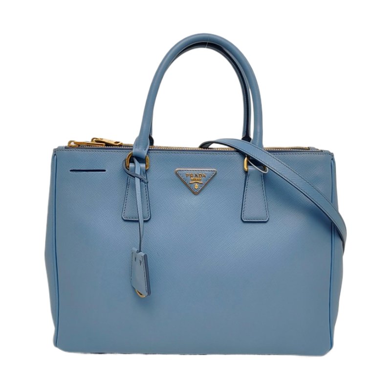 PRADA Galleria天藍色牛皮徽標十字紋斜挎包手提包單肩包金色五金可拆卸肩帶-0