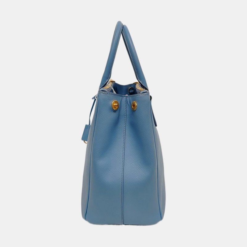 PRADA Galleria天藍色牛皮徽標十字紋斜挎包手提包單肩包金色五金可拆卸肩帶-2