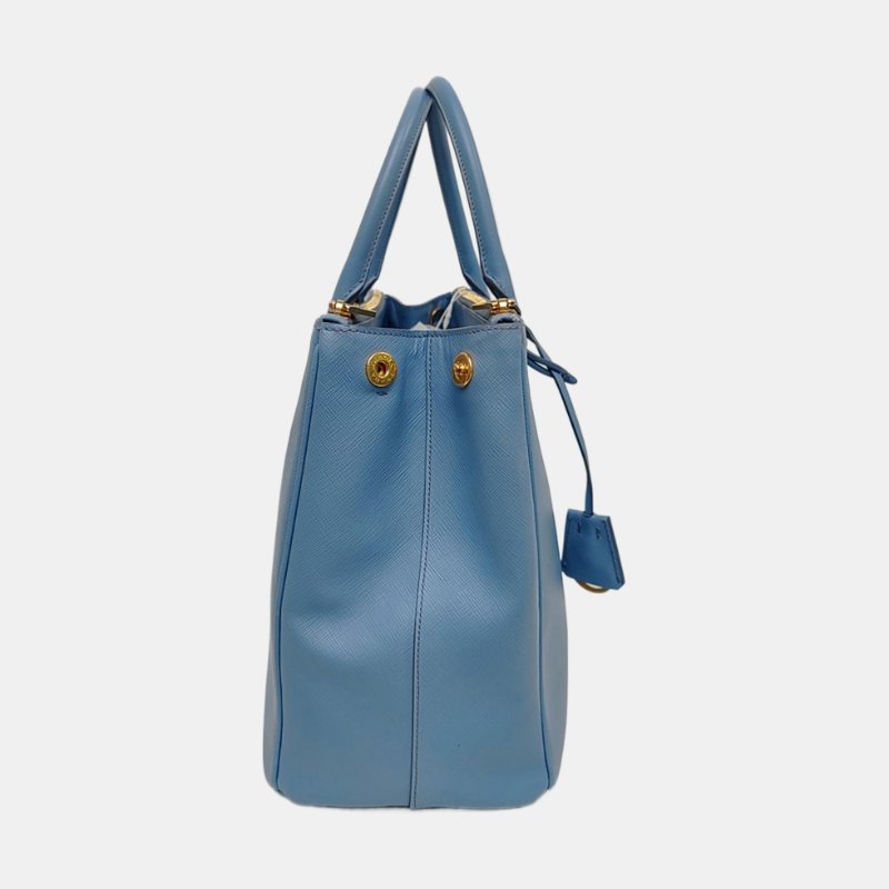 PRADA Galleria天藍色牛皮徽標十字紋斜挎包手提包單肩包金色五金可拆卸肩帶-3