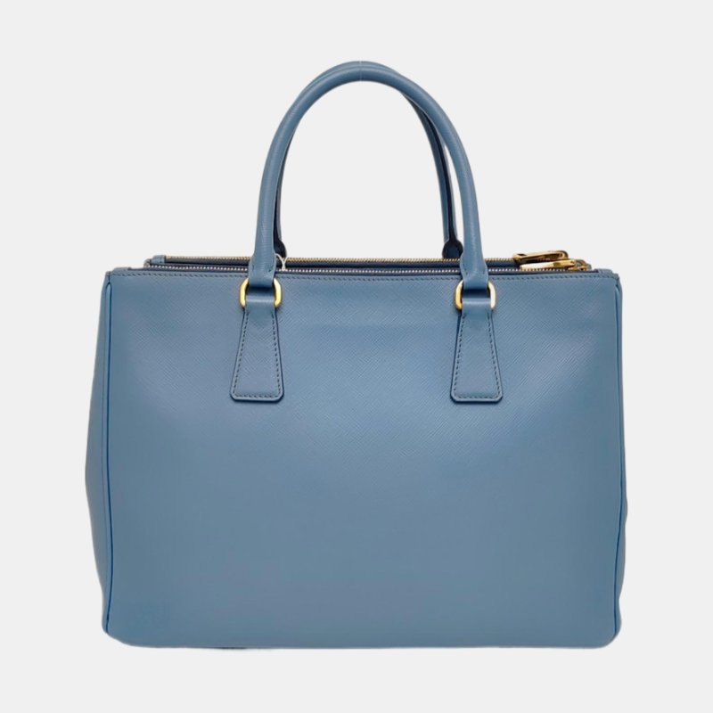 PRADA Galleria天藍色牛皮徽標十字紋斜挎包手提包單肩包金色五金可拆卸肩帶-4