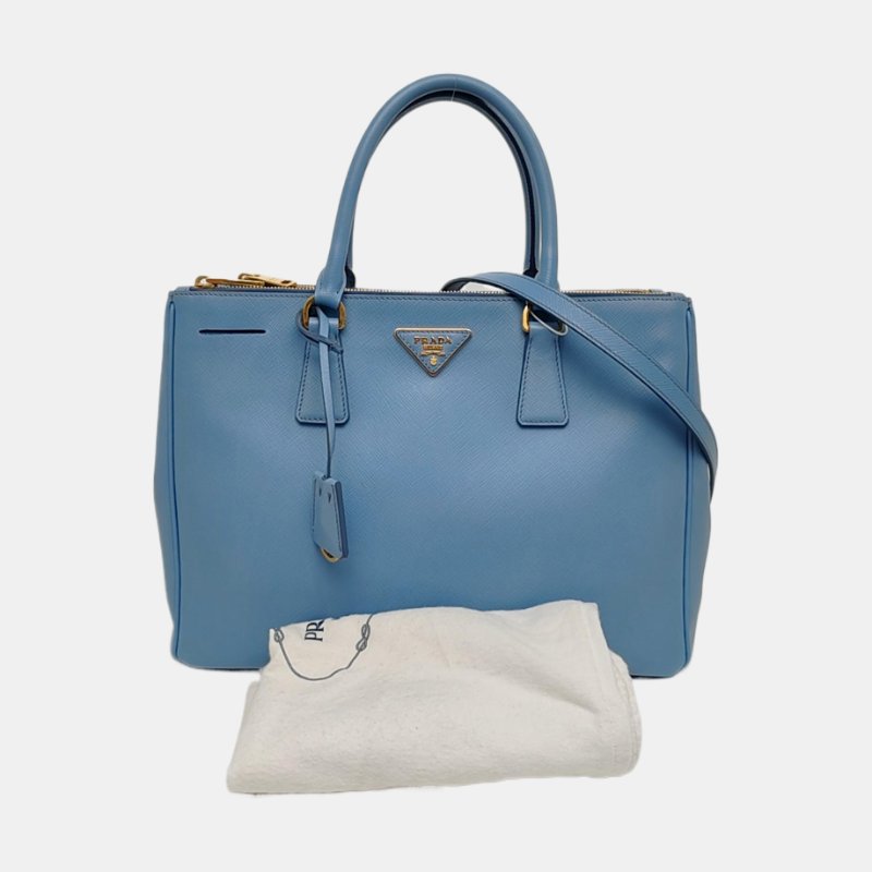 PRADA Galleria天藍色牛皮徽標十字紋斜挎包手提包單肩包金色五金可拆卸肩帶-7