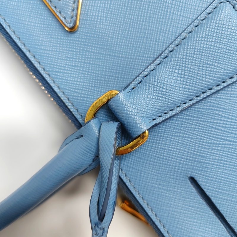 PRADA Galleria天藍色牛皮徽標十字紋斜挎包手提包單肩包金色五金可拆卸肩帶-8