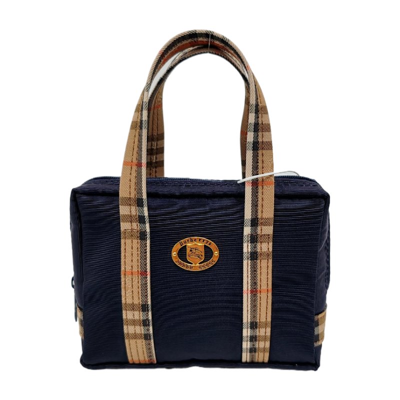 BURBERRY深藍色織物手提包金色五金-0