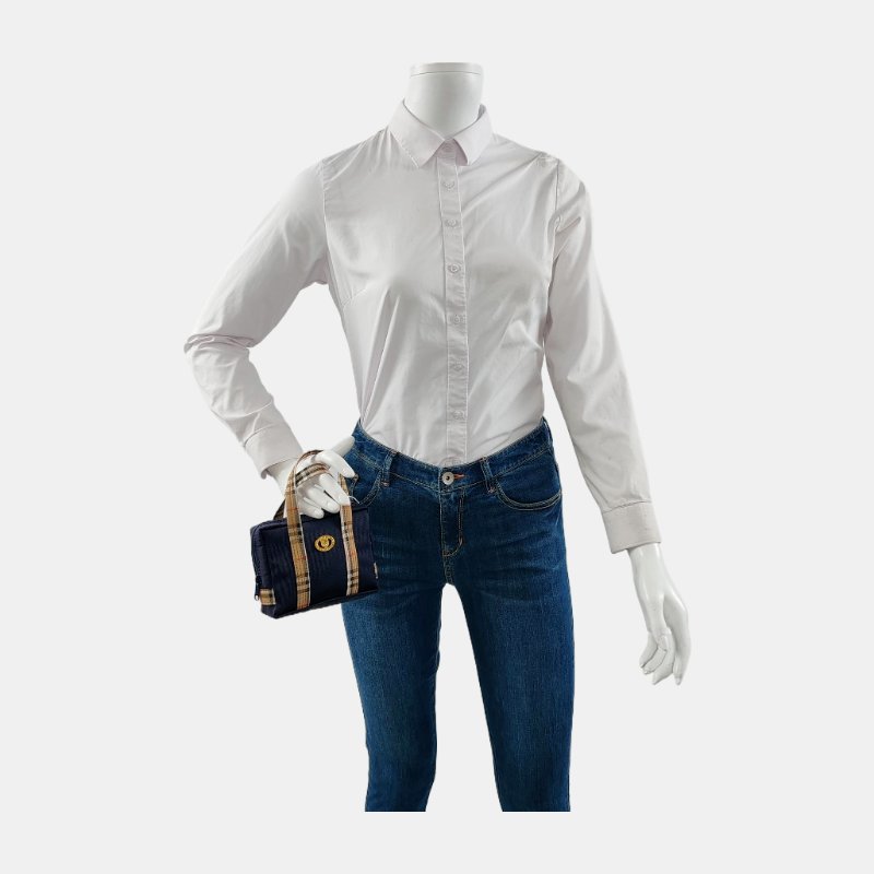 BURBERRY深藍色織物手提包金色五金-1