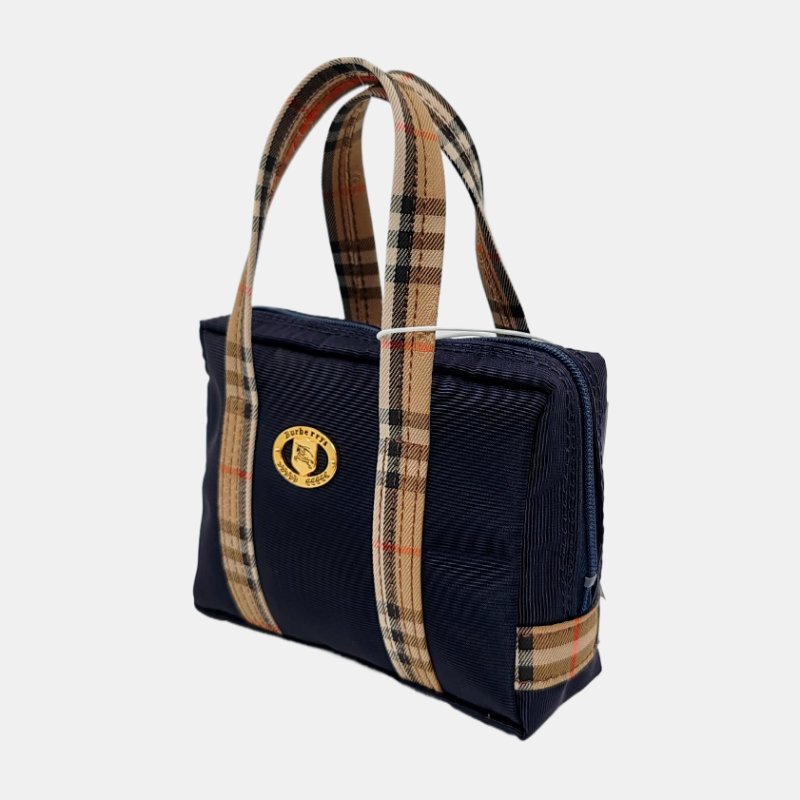 BURBERRY深藍色織物手提包金色五金-2