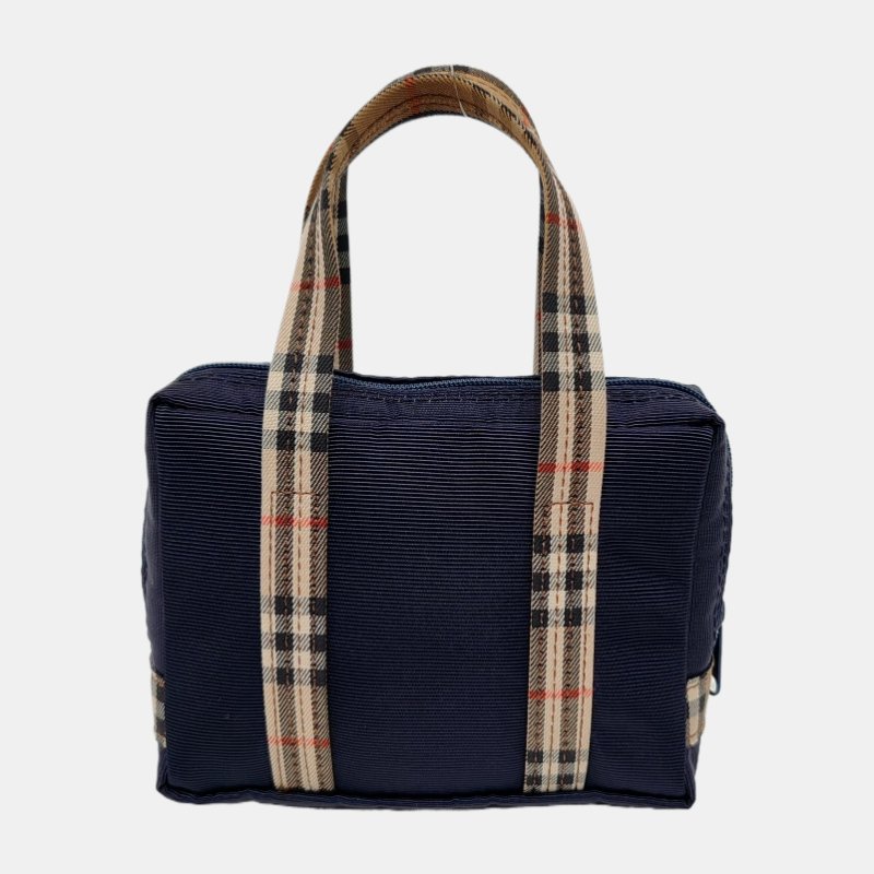BURBERRY深藍色織物手提包金色五金-3