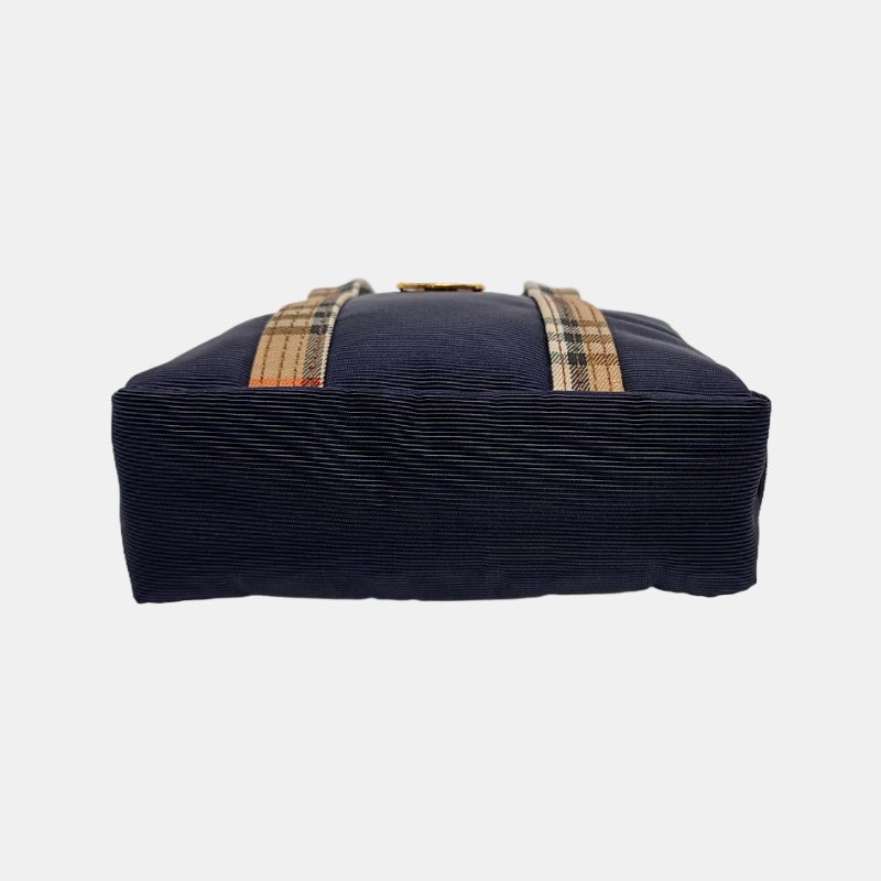 BURBERRY深藍色織物手提包金色五金-4