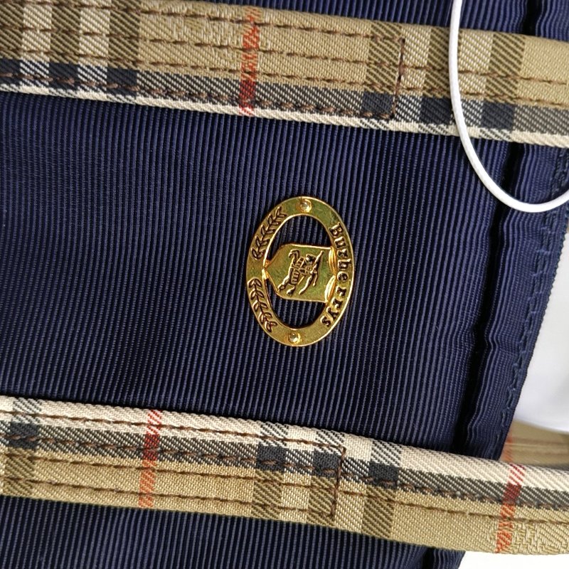 BURBERRY深藍色織物手提包金色五金-6
