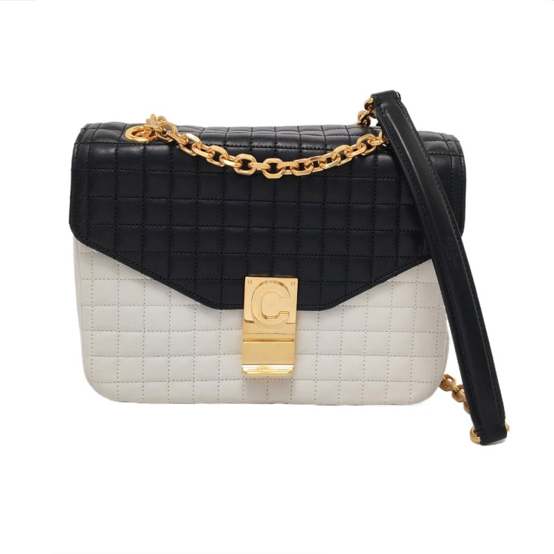CELINE C中號白色牛皮絎縫單肩包斜挎包金色五金-0