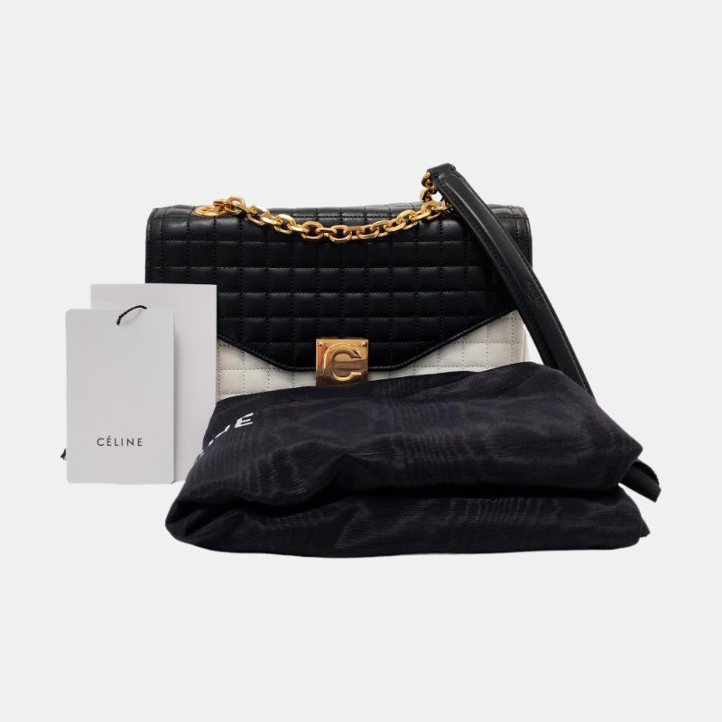 CELINE C中號白色牛皮絎縫單肩包斜挎包金色五金-7