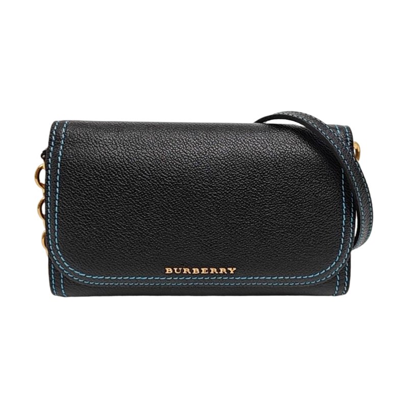 BURBERRY黑色皮革單肩包手提包金色五金可拆卸肩帶 9.8新-0