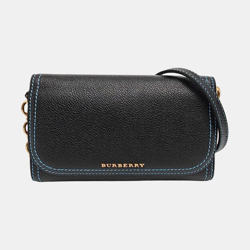 BURBERRY黑色皮革單肩包手提包金色五金可拆卸肩帶 9.8新-7