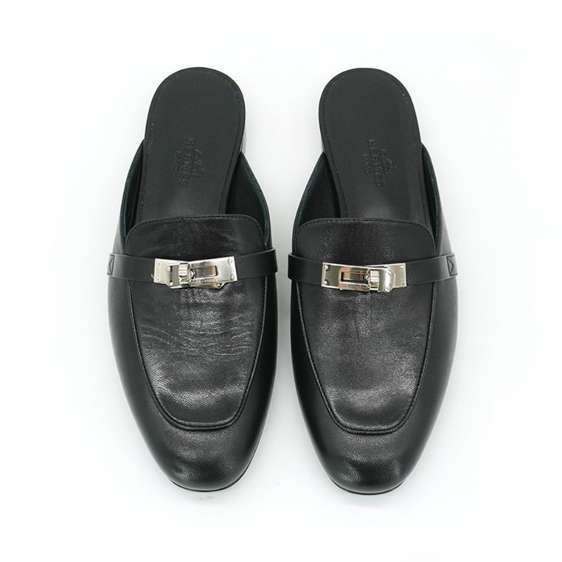 Hermes 展示品 Kelly鞋釦山羊皮穆勒鞋#37(Noir黑)-1