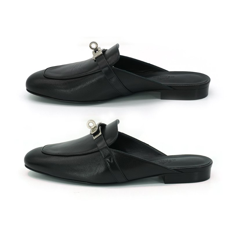 Hermes 展示品 Kelly鞋釦山羊皮穆勒鞋#37(Noir黑)-2