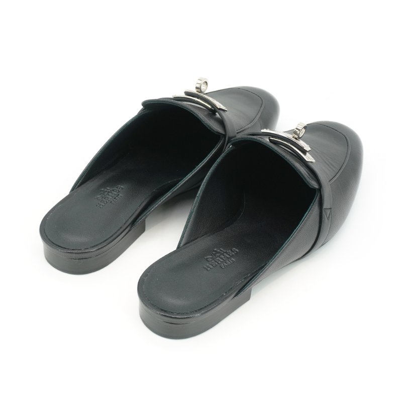 Hermes 展示品 Kelly鞋釦山羊皮穆勒鞋#37(Noir黑)-3
