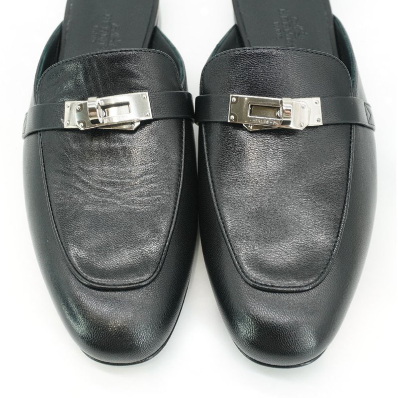 Hermes 展示品 Kelly鞋釦山羊皮穆勒鞋#37(Noir黑)-5