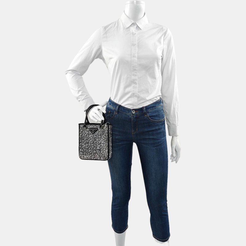 PRADA托特包黑色織物徽標鑲嵌手提包斜挎包單肩包銀色五金 9.8新-1