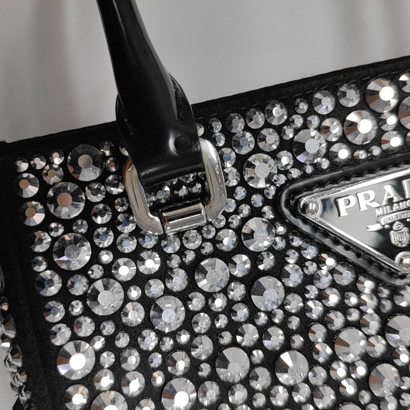 PRADA托特包黑色織物徽標鑲嵌手提包斜挎包單肩包銀色五金 9.8新-7