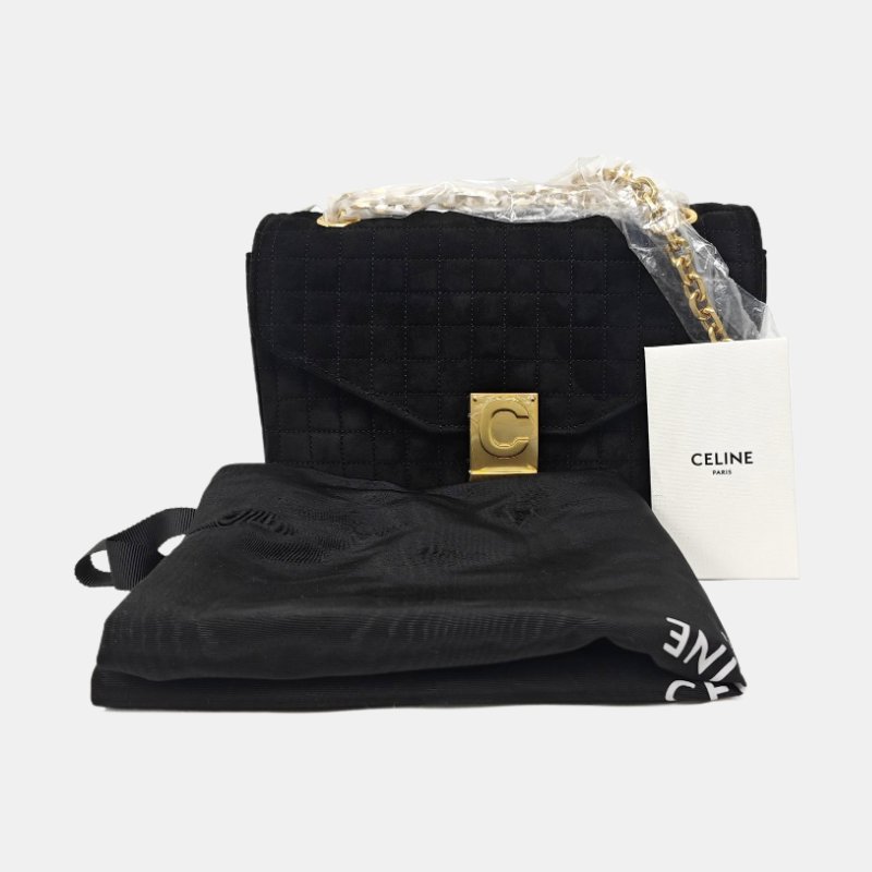 CELINE C黑色絨面革斜挎包手提包單肩包金色五金-7