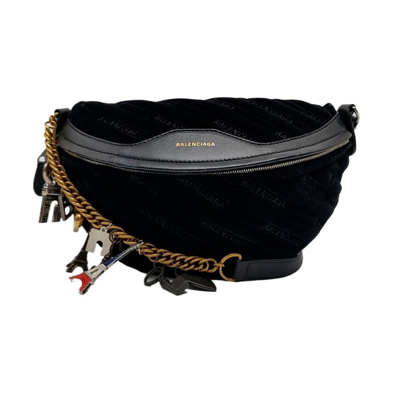BALENCIAGA Souvenirs黑色絲絨斜挎包腰包/胸包金色銀色五金-0
