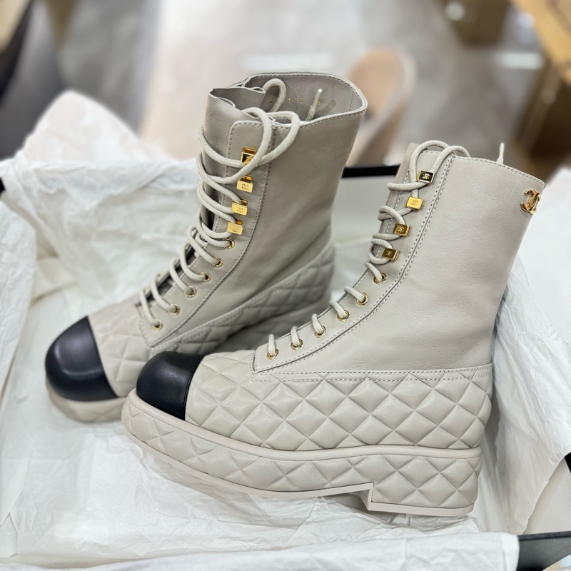 閒置新 未使用香奈兒 Chanel黑灰色全皮拼色厚底馬丁靴 尺碼：36碼專櫃-5