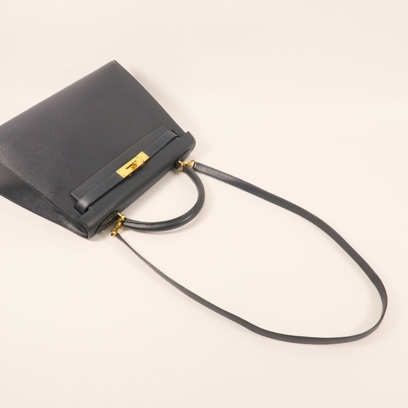 HERMES Epsom皮革Kelly 28金扣手挽肩背兩用袋Bleu Saphir-4