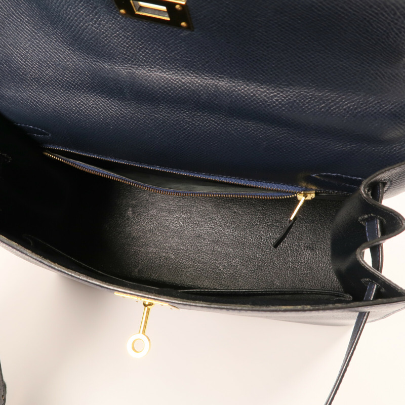 HERMES Epsom皮革Kelly 28金扣手挽肩背兩用袋Bleu Saphir-16