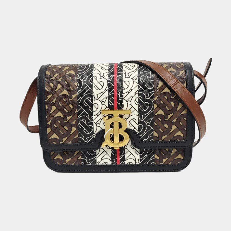 BURBERRY TB 小號棕色塗層帆布TB單肩包金色五金可拆卸肩帶-7