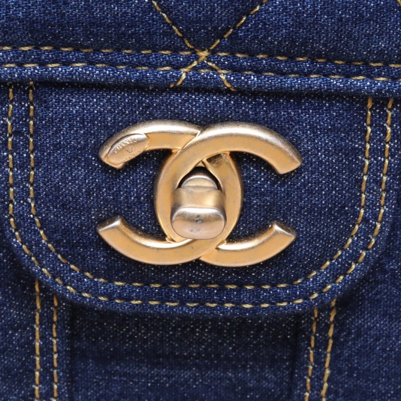 CHANEL 23S手柄雙肩包25cm藍色牛仔晶片開金扣-4