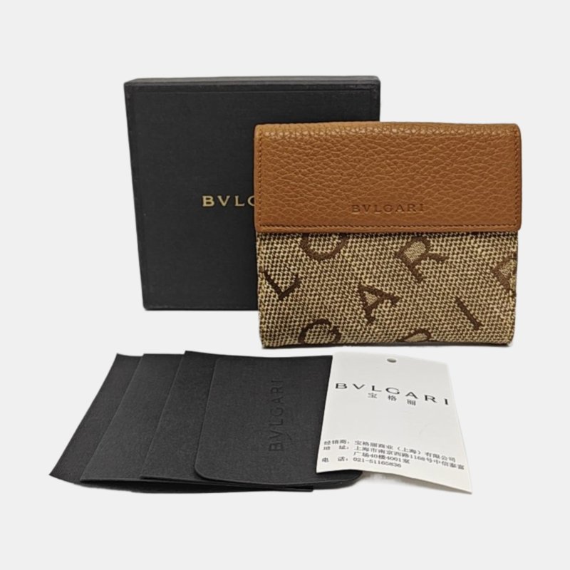 BVLGARI卡其色織物提花錢包金色五金-7