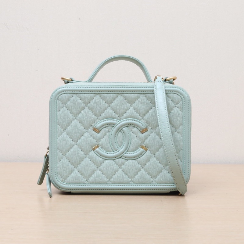 CHANEL VanityCase相機包橫版配手柄中號21綠色荔枝牛皮25開肩背包金扣-0