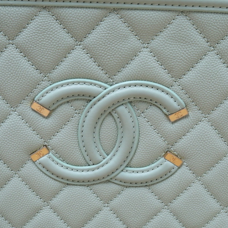 CHANEL VanityCase相機包橫版配手柄中號21綠色荔枝牛皮25開肩背包金扣-4