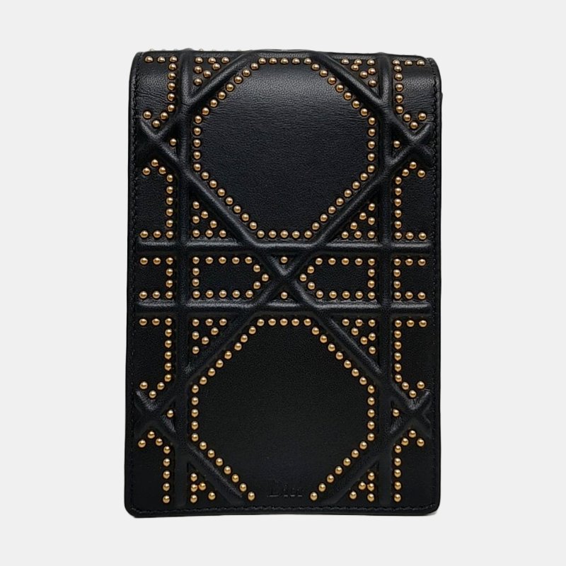 DIOR Diorama黑色牛皮藤格紋鉚釘盾牌包單肩包斜挎包金色五金可拆卸肩帶-4