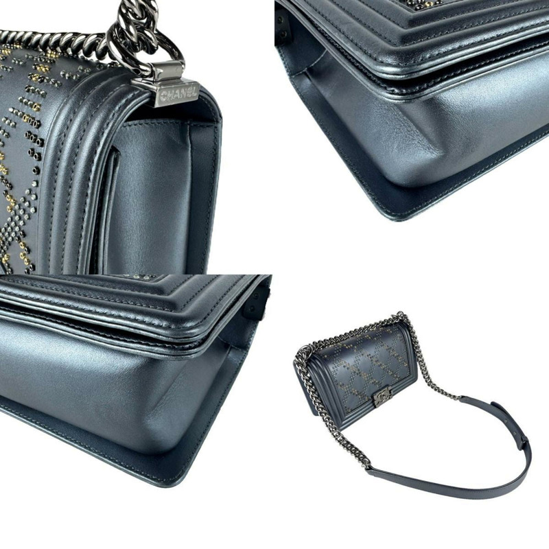 香奈兒 Boy Chanel 單肩包，皮革，金屬藍灰色，銀色，女士，Z8418-3