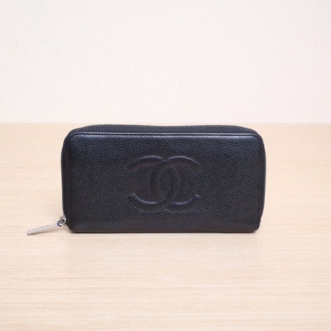 CHANEL 黑色荔枝牛皮16開銀扣雙C浮雕logo拉鏈長款錢包