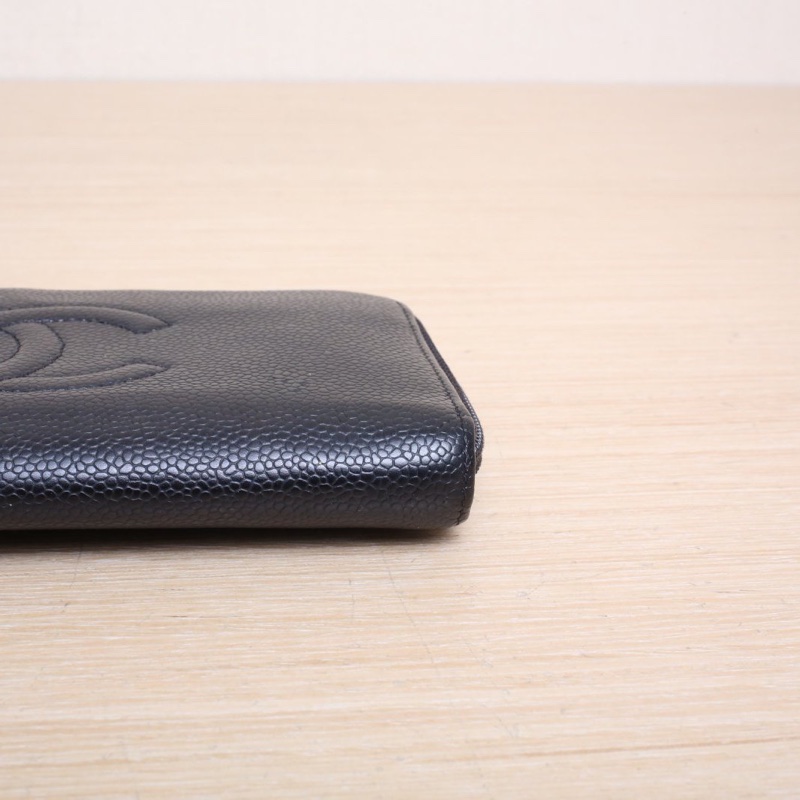 CHANEL 黑色荔枝牛皮16開銀扣雙C浮雕logo拉鏈長款錢包-3
