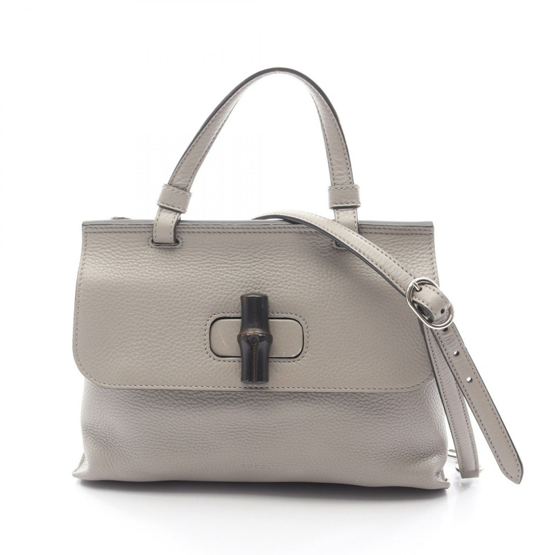 GUCCI Bamboo Daily 2Way 肩背手提包 370831 皮革 灰色 二手 女士-0
