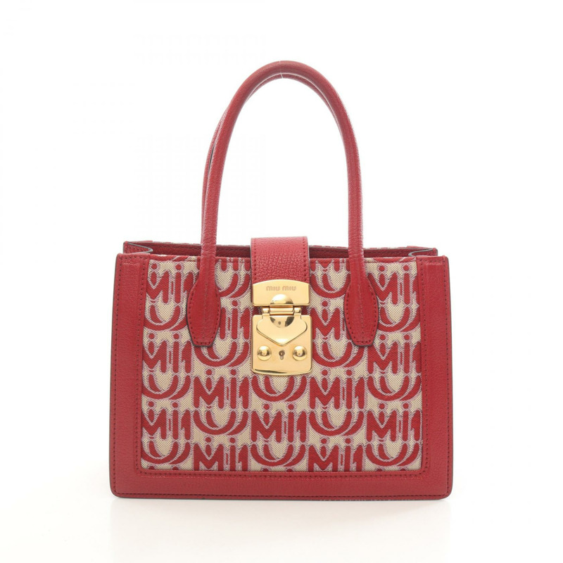 Miu Miu JACQUARD MADRAS 手提包 5BA141 帆布皮革 紅色 米色 二手 女士-0