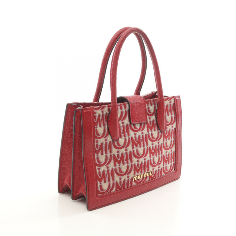 Miu Miu JACQUARD MADRAS 手提包 5BA141 帆布皮革 紅色 米色 二手 女士-1