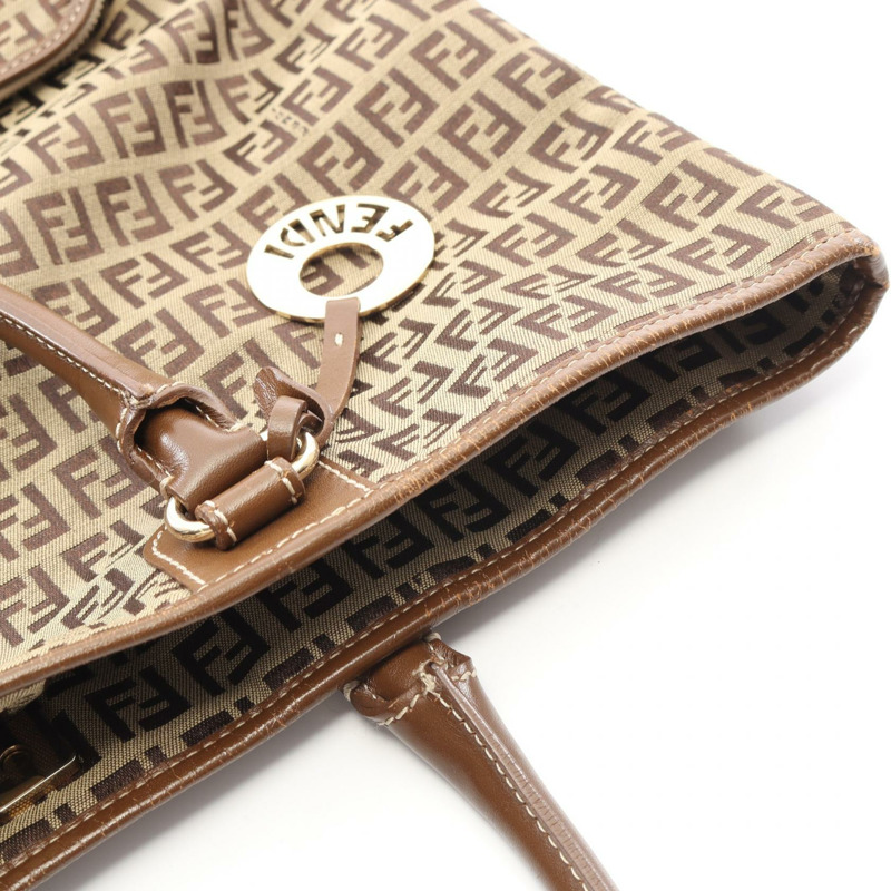 FENDI Zucchino 手提包 8BH140 帆布皮革 米色棕色 二手 女士-9