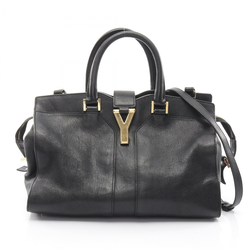 SAINT LAURENT PARIS Y 型 Cabas 單肩手提包 400666 黑色皮革 二手-0