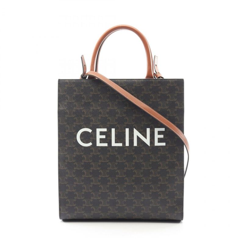 CELINE 小號筆電 Cabas Triomphe 肩背手提包，帆布皮革材質，黑色二手-0