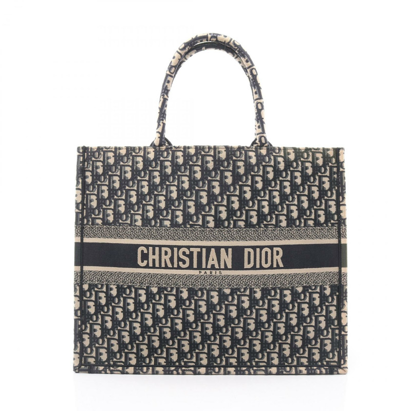 Dior BOOK TOTE 大斜挎手提包 帆布 米色 海軍藍 二手 女士 logo-0